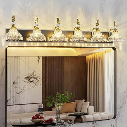 Vintage Bathroom Vanity Light, 6-Light Black Gold Vanity Lighting Fixture with Flower Glass Shade, Bathroom Lighting Fixtures Over Mirror