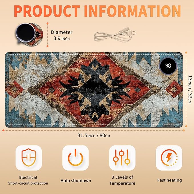 Heated Mouse Pad 31.5x13 in 3-Temp Fast Heating Desk Mat with Auto Timer Warmer for Hands Wrist Pain Relief Waterproof Keyboard Mat for Office, Gaming, Home, Art Prints