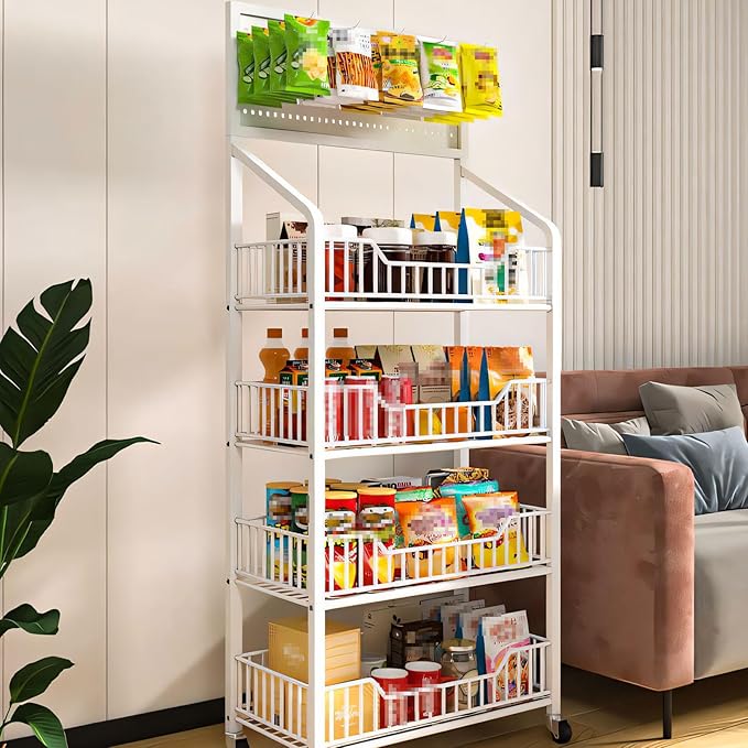 5-Tier Retail Display Rack, Metal Snack Display Stand with Wheels and Hooks, Multi-Functional Shelf, Easy to Assemble, Suitable Storage Rack for Home, Supermarket, Drugstore (5-Tier, White)