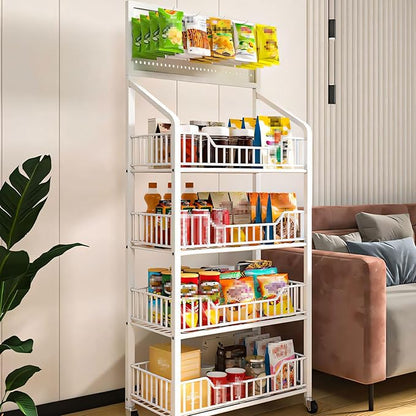 5-Tier Retail Display Rack, Metal Snack Display Stand with Wheels and Hooks, Multi-Functional Shelf, Easy to Assemble, Suitable Storage Rack for Home, Supermarket, Drugstore (5-Tier, White)