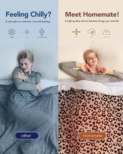 Homemate Electric Heated Blanket King Size - 100"x90" Heating Blanket King Size Dual Control 1/2/4/6/8 Hours Auto-Off 10 Heat Level Over-Heat Protection Flannel Sherpa ETL Certification