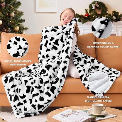 Cow Print Heated Electric Blanket Twin,62X84 Black Heating Blanket with 10 Heats Levels & 8 Hours Auto Off,Cute Cow Decor Fleece Sherpa Blankets Warmer Gifts for Women Couch Office,Washable