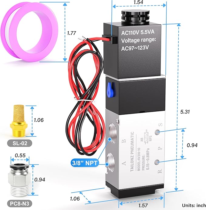 TAILONZ PNEUMATIC 3/8"NPT 110V Solenoid Valve 4V310-10 12V/24V/110V/220V Single Coil Pilot-Operated Electric 2 Position 5 Way Connection Type（Outlet wire）