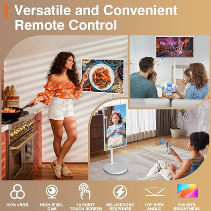 32-Inch Portable Smart Tablet, Portable TV on Wheels with 4K Camera, 8G RAM+128G Storage, Android 13 OS, Built-in Battery(Up to 8H), Full Swivel Rotation, Voice Remote Control(White)