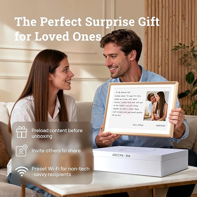 ARZOPA D14 Metal Digital Picture Frame with Large Display 14" HD IPS Anti-Glare Touch Screen Load Photos & Videos Directly from Phone Exquisite Decoration Ideal for Upscale Gifting - Champagne Gold