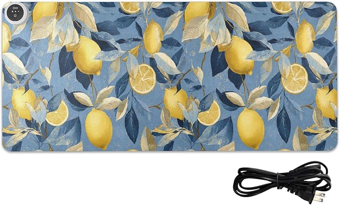 Heated Desk Pad Mouse Pad 31.5x13 Inch PU Leather Desk Mat with 3 Heat Levels Large Mouse Gaming Computer Laptop Mat Blue Lemon Leaves