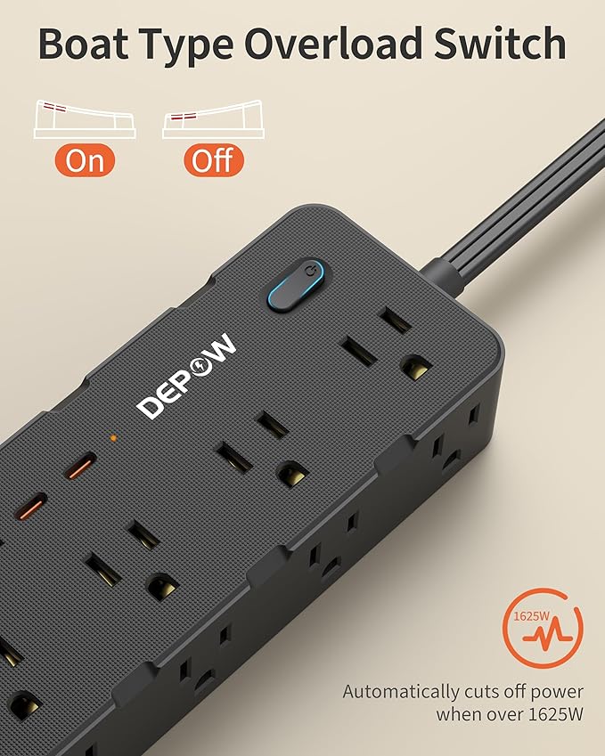 Power Strips with Surge Protection, 5FT Extension Cord with Multiple Outlets-8 AC Outlets 4 USB Ports (2 USB C), Flag Plug, 1700 Joule Surge Protector for Home Office, Black