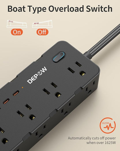 Power Strips with Surge Protection, 5FT Extension Cord with Multiple Outlets-8 AC Outlets 4 USB Ports (2 USB C), Flag Plug, 1700 Joule Surge Protector for Home Office, Black