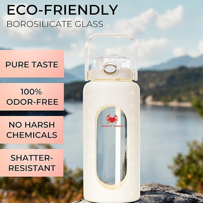 64 oz Glass Water Bottle – White | Leakproof Borosilicate Bottle with Straw, Silicone Sleeve, Time Marker – Half Gallon Hydration for Gym, Travel, Sports