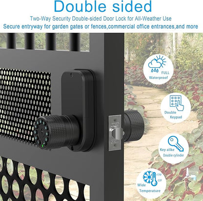 Double Sided Keypad Door Knob with Dual Cylinders and Key Alike, iuknob Keyless Entry Smart Door Lock for Entrance, Fence, Gate, Swimming Pool,Waterproof and Weatherproof for Outdoor & Interior Door.