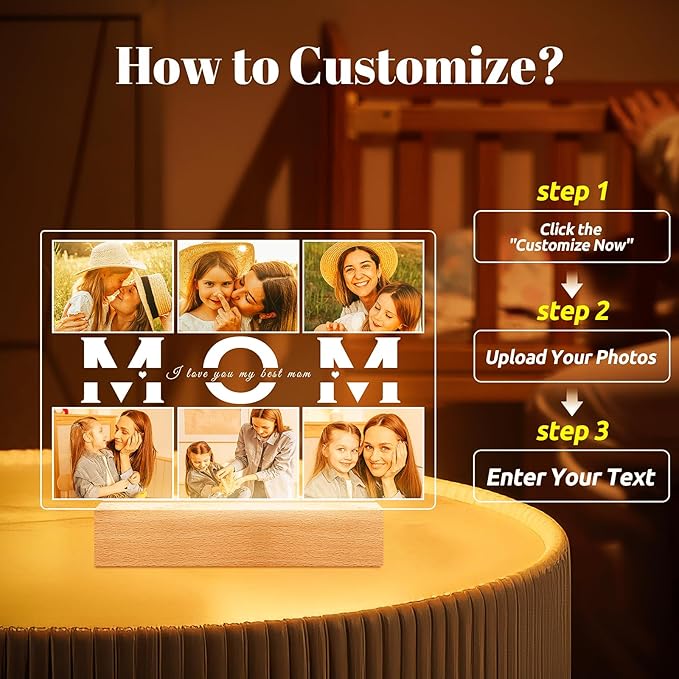 Personalized Gifts for Mom from Daughter Son, Custom Picture Frames with Photo, Customized Photo Frame with Night Light, Personalized Birthday Gifts for Mom