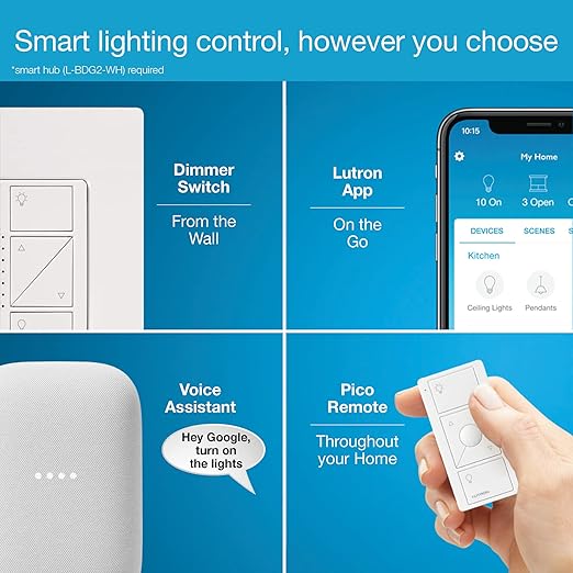 Lutron Caseta Original Smart Dimmer Switch (Lutron Smart Hub Required), for LED Lights, 150 Watt, Single-Pole/3-Way, No Neutral Required, PD-6WCL-WH-3-A, White, 3 Pack