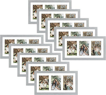 Golden State Art, Set of 10, 9x18 Grey Wood Frame - White Mat for Three 5x7 Pictures - Sawtooth Hangers- Swivel Tabs - Wall Mounting - Landscape/Portrait - Real Glass - Collage Frame