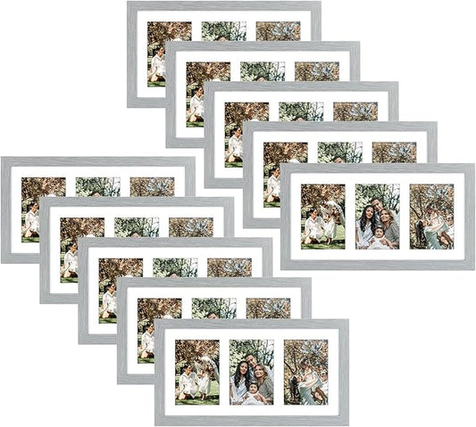 Golden State Art, Set of 10, 9x18 Grey Wood Frame - White Mat for Three 5x7 Pictures - Sawtooth Hangers- Swivel Tabs - Wall Mounting - Landscape/Portrait - Real Glass - Collage Frame