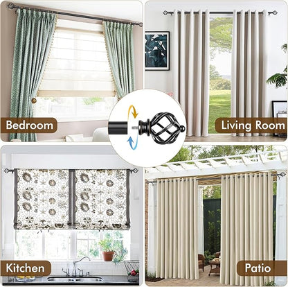 KAMANINA 2 Pack Curtain Rods 32 to 58 Inches (2.6-4.8ft), 3/4 Inch Black Curtain Rods for Windows Splicing Adjustable Single Drapery Rod with Twisted Cage Finial, for Indoor and Outdoor