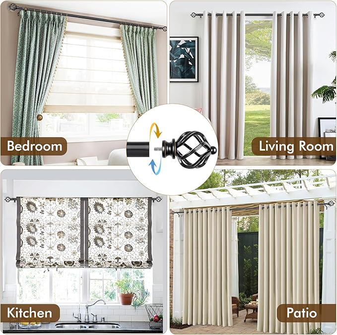 KAMANINA Black Curtain Rod 32 to 58 Inch(2.6-4.8ft), Adjustable Curtain Rods for Windows 28 to 48 Inch, 3/4 Inch Splicing Drapery Rods with Twisted Cage Finial