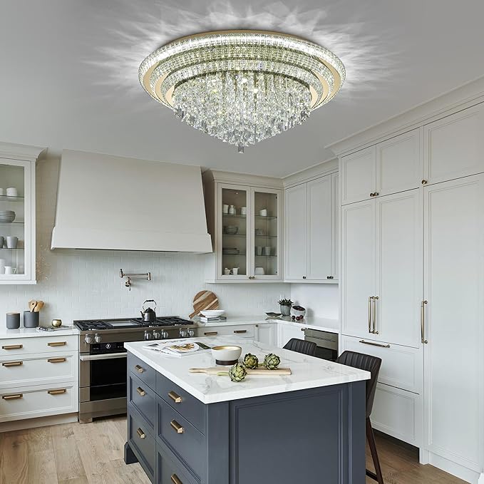 40 inch Flush Mount Crystal Chandeliers with Remote and APP Gold, Modern Elegant LED Crystal Raindrop Ceiling Light Fixture, 3CCT Dimmable, for Living Room Kitchen Island Bedroom Entryway Foyer
