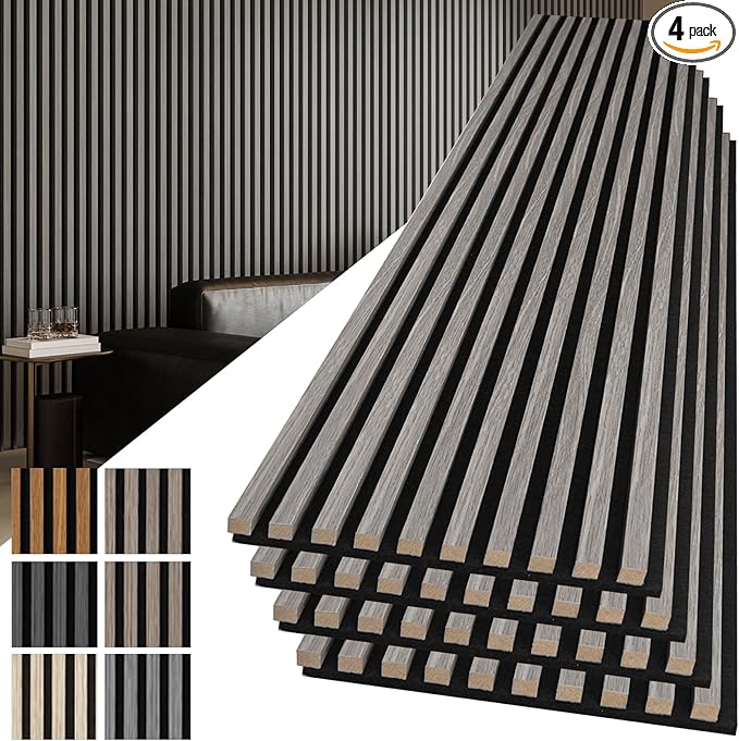 Art3d 4-Pack 108" x 12" Acoustic Wood Panels for Wall, Soundproof Wood Slat Panel for Wall and Ceiling, 3D Fluted Sound Absorbing Paneling for Interior Wall Decor, Living Room, Bedroom - Smoky Oak