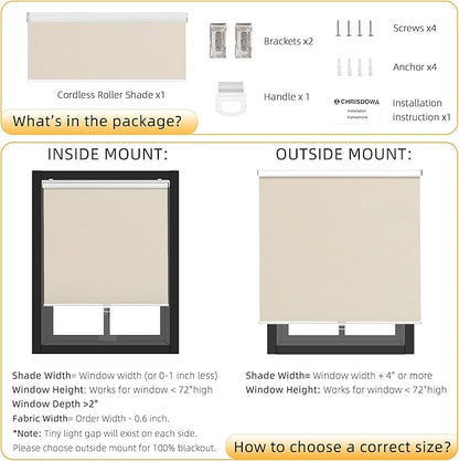 ChrisDowa Cordless Blackout Roller Shades for Windows, Thermal Insulated UV Protection Pull Down Shades, Total Blackout Window Blinds for Home, Office, Bedroom, Door (47" W x 72" H, Beige)