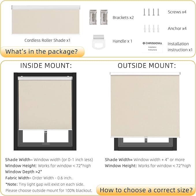 ChrisDowa Cordless Blackout Roller Shades for Windows, Thermal Insulated UV Protection Pull Down Shades, Total Blackout Window Blinds for Home, Office, Bedroom, Door (39" W x 72" H, Beige)