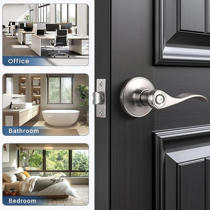 Knobonly 4 Pack Brushed Nickel Interior Door Handle, Bedroom Door Locks, Bathroom Door Handles with Lock, Lever Door Handle Locksets