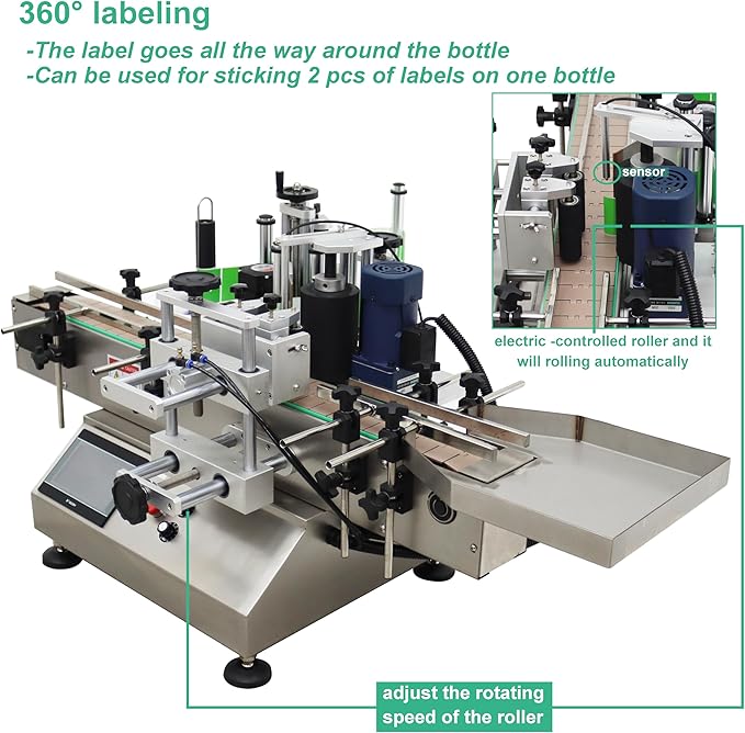 Automatic Round Bottle Labeling Machine Label Sticking Pasting Machine with Conveyor Bottle Diameter 0.78-4.72inch 360°Labeling