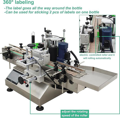 Automatic Round Bottle Labeling Machine Label Sticking Pasting Machine with Conveyor Bottle Diameter 0.78-4.72inch 360°Labeling