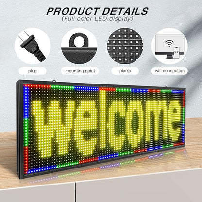 P10 Outdoor LED Sign – 39''x14'' Full Color WiFi Programmable Display Board with High Brightness | Scrolling Text, Images & Video for Store Advertising