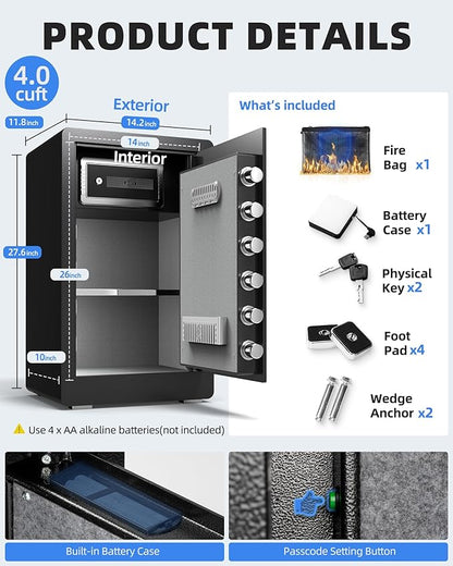 DAYI Safe Box, 4.0 Cu Ft Home Safes with Digital Keypad, Dual Alarm & Fireproof Bag, Security Safe for Money, Documents, Ideal for Home Office Use - D70 Lite