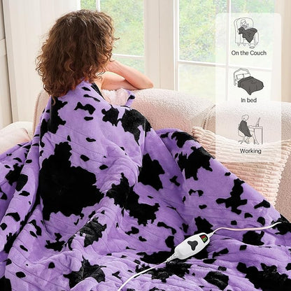 Purple Heated Electric Blanket Throw,50X60 Highland Cow Print Heating Blanket with 10 Heats Levels & 8 Hours Auto Off,Highland Cow Decor Fleece Sherpa Blankets Warmer Gifts for Women Adults Washable