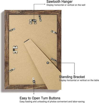 iRahmen 8x12 Picture Frame Set of 4 with High Definition Real Glass, Display 6x8 Pictures with Mat or 8 x 12 Without Mat, Rustic Wood Photo Frames for Tabletop and Wall Mounting