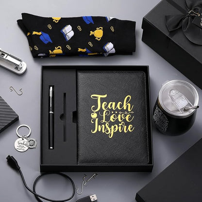 6 Pcs Christmas Teacher Gifts for Men Teacher Appreciation Thank You Gifts Sets 12 oz Stainless Steel Cup Socks Keychain Pen Notebook Gift Box for Educators School Staff Instructor Mentor