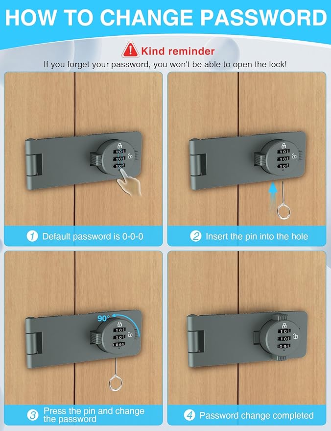 Keyless Cabinet Combination Lock, 3-Digit Password Twist Knob Hasp Latch for Doors, Cabinets, Drawers, Barn Door, Bathroom, Outdoor, Closet, Fence, Durable Zinc Alloy, (Gray, 1 Pack)