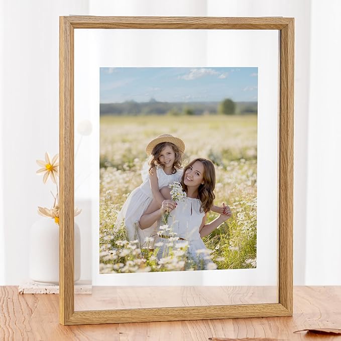 Axeman 11x14 Floating Picture Frame - Solid Oak Wood Square Picture Frame, Double Tempered Glass Photo Frame 4x6 5x7 8x10 11''x14'' Wood Frame, Wall Mount Or Tabletop Standing, Natural