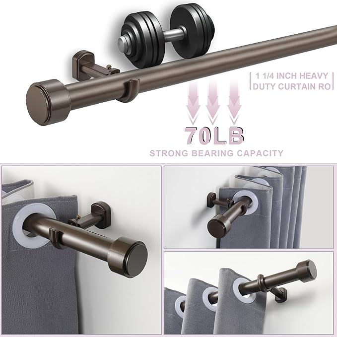 Heavy Duty Curtain Rods,1 1/4" Large Diameter Premium Nonadjustable Curtain Rod,120in/10ft Custom Window Treatment Rods with Durable Aluminum Brackets and End Caps,Dark Bronze Finish