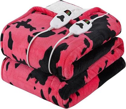 Cow Print Electric Heated Blanket Queen Size,84X90 Pink Heating Blanket Queen with Dual Control&Timer&10 Heat Levels,Highland Cow Decor Fleece Sherpa Blankets Warmer Gifts for Bed Women Adults