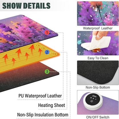 Large Heated Mouse Pad,Leather Desk Mat,31.5"x13",Hand Warmer Pads for Desk,Lavender(Watercolor)