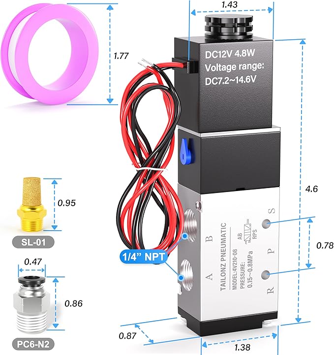 TAILONZ PNEUMATIC 1/4"NPT Solenoid Valve DC12V Single Coil Pilot-Operated Electric 2 Position 5 Way Connection Type 4V210-08 Outlet wire