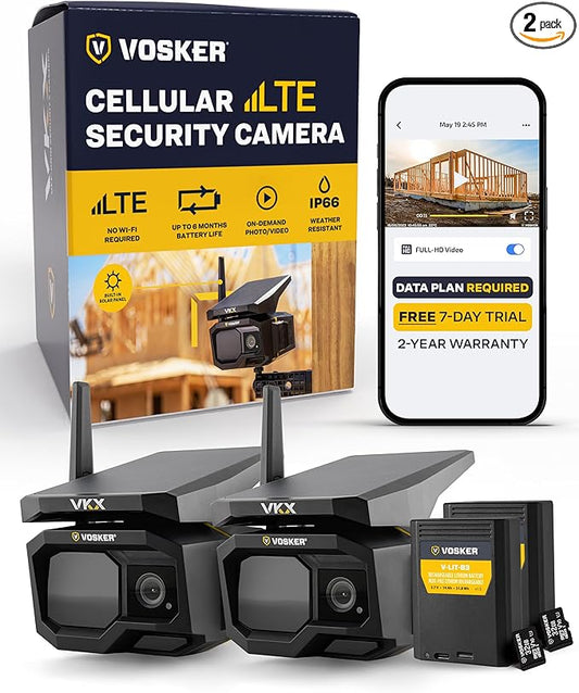 Vosker VKX Solar Powered 4G-LTE Outdoor Cellular Security Camera - No WiFi Needed, Motion Activated, Night Vision, SIM Card Included, IP65 Weather-Resistant, Photos & 15s Video Requests (2 Pack)