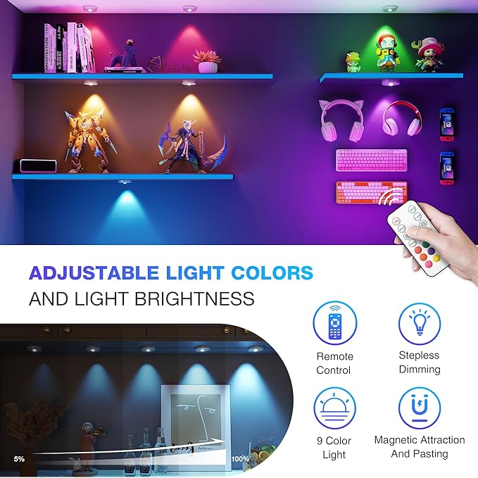 RGB Puck Lights with Remote Control, 2000mAh Battery Operated Tap Lights Rechargeable, 9 Colors & 2 Dynamic Changing Under Cabinet Lighting, Magnetic Stick on Light for Closet(Silver, 5 Pack)