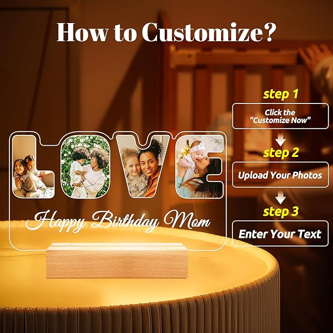 Custom Collage Picture Frames with Photo, Customized LOVE Photo Frame with Night Light, Personalized Picture Frame, Personalized Birthday Valentines Day Gifts for Women Men Mom Dad Baby Kids Family