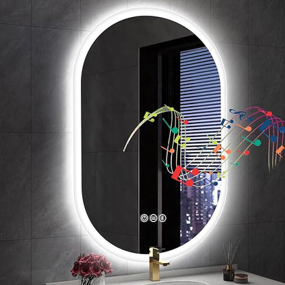 S'bagno 24x36 Oval LED Bathroom Mirror with Lights, Anti-Fog, Bluetooth Speaker, 3 Colors Temperature & Dimmable, Lighted Mirrors for Bathroom Wall with Memory Function, Waterproof, Shatter-Proof