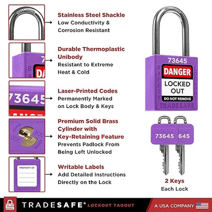 TRADESAFE Lockout Tagout Locks Set - 10 Purple Loto Locks, Lockout Locks Keyed Different, 2 Keys Per Lock, OSHA Compliant Lock Out Tag Out Padlocks, Safety Padlocks for Electrical Lockout Tag Out Kits