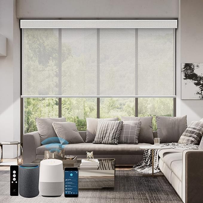 SmartWings Motorized Roller Shades 5% Openness Work with Homekit, Alexa SmartThings Google, Zigbee Motor Smart Blinds for Windows, Cordless Remote Control Window Shades, Rechargeable, Customized, Ice