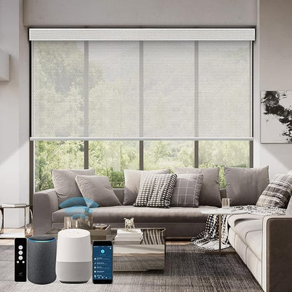 SmartWings Motorized Roller Shades 5% Openness Work with Homekit, Alexa SmartThings Google, Zigbee Motor Smart Blinds for Windows, Cordless Remote Control Window Shades, Rechargeable, Customized, Ice