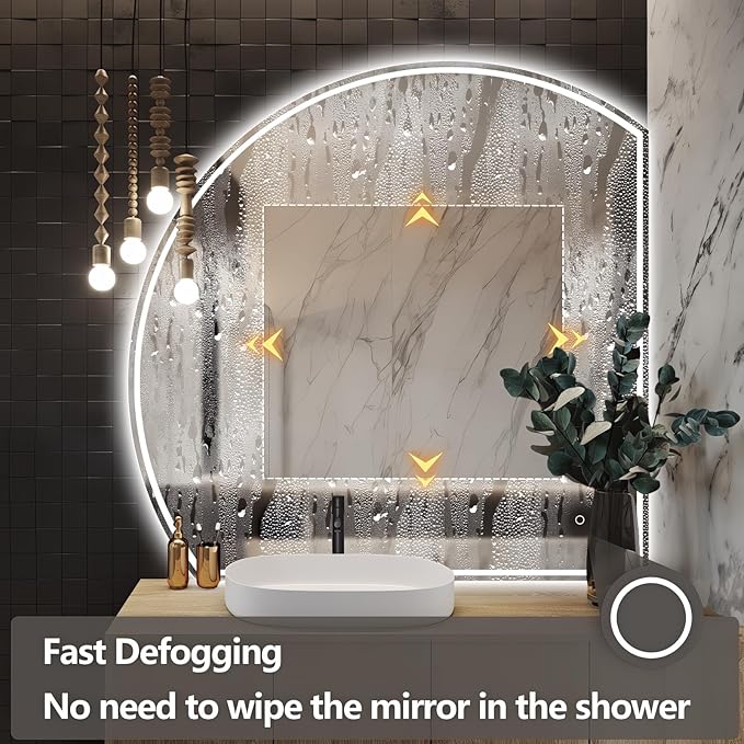 Niccy Half Moon Led Mirror for Bathroom, 36" Semi Round Backlit Mirror for Wall Lighted Mirror with Frameless 3 Color, Defogger, Explosion-Proof, HD Glass and IP65 Vanity Mirror