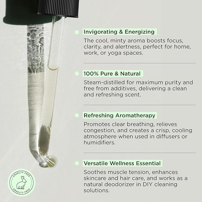 Peppermint Essential Oil - 1oz Pure Peppermint Oil for Diffuser Or Aromatherapy, Minty Fresh Scent for Energy, Focus and Vitality, Suitable for Home, Skincare and Humidifiers