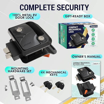 LATCH.IT Rv Door Lock Black | Camper Door Lock fits 2.75" x 3.75" Hole | 2 Keys Included RV Door Latch | All Metal Enclosed Trailer Door Latch | Camper Door Latch for Trailers, Fifth Wheels & More