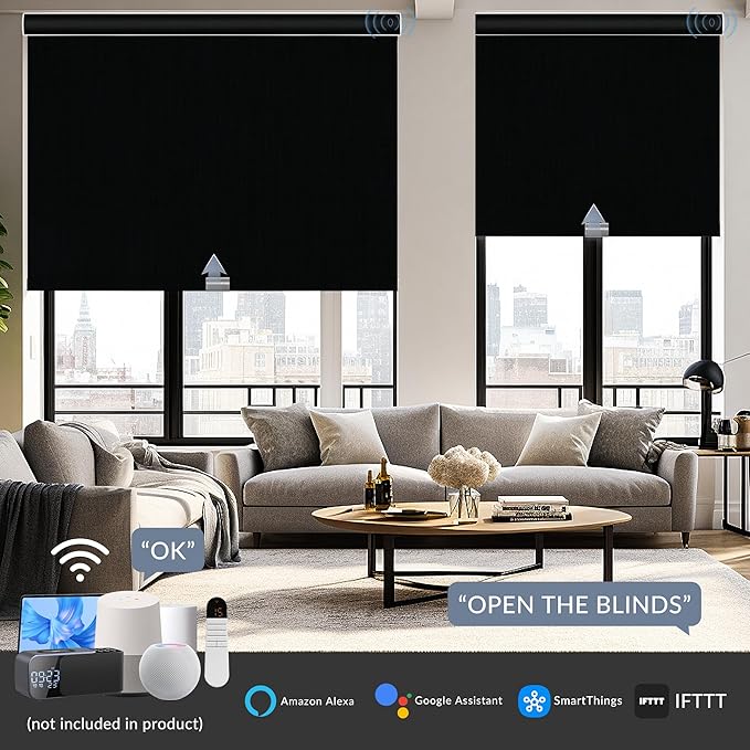 Boolegon Motorized Roller Blinds - 100% Blackout Smart Electric Shades with Remote, Compatible with Alexa/Google Home/HomeKit via Hub, Easy Install for Home Office, Black, Custom Size.