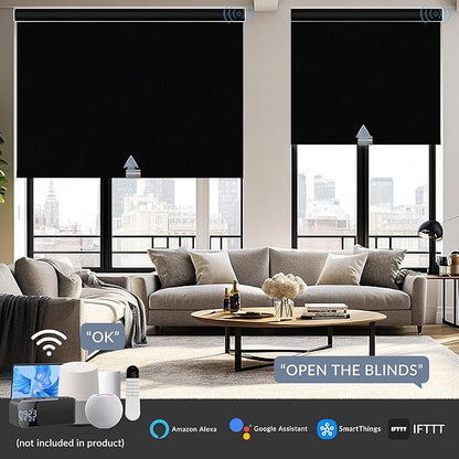 Boolegon Motorized Roller Blinds - 100% Blackout Smart Electric Shades with Remote, Compatible with Alexa/Google Home/HomeKit via Hub, Easy Install for Home Office, Black, Custom Size.